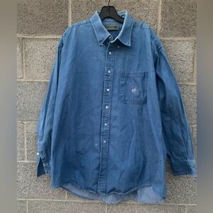 VTG Notre Dame Denim Shirt Mens XL Button Thomas Bros.Blue L/S Made In USA *Flaw